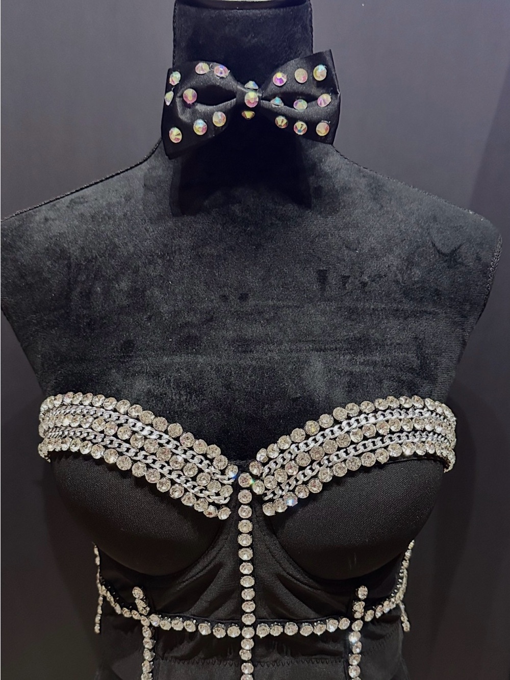Embellished Black Rhinestone Bustier with Crystal Straps